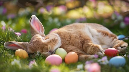 Happy Easter holiday celebration banner greeting card background - Easter bunny rabbit and easter eggs on fresh meadow, sleeping, exhausted, with burn out