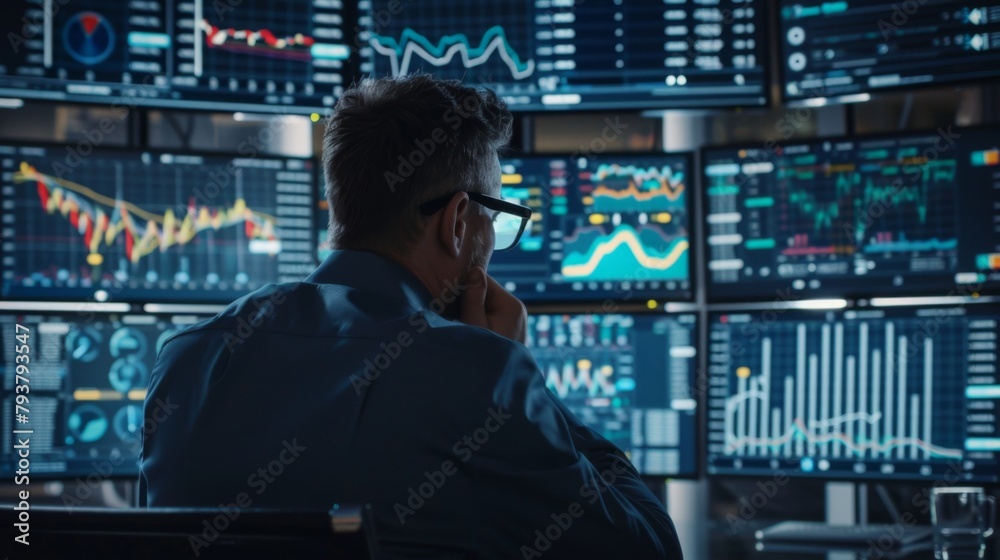 Fototapete stock market trader monitoring multiple graphs and charts on computer screens, reacting to real-time