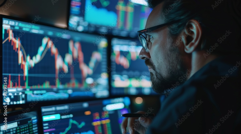 Fototapete Stock market trader monitoring multiple graphs and charts on computer screens, reacting to real-time market movements.