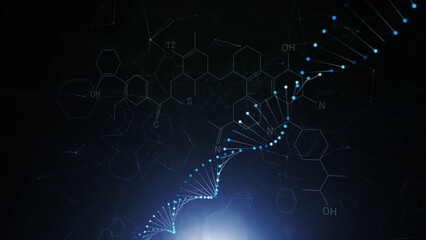 Artistic Dna molecule and abstract hexagonal chemical bonds. Three-dimensional copy space illustration background.