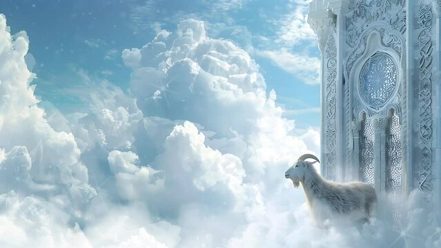 Eid al-Adha background,goat on white clouds