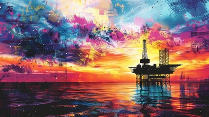 Sunset silhouette of an offshore oil platform against a colorful sky, depicting the beauty and complexity of marine engineering.