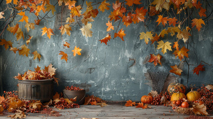 A charming autumn still life arrangement with pumpkins, fallen leaves, and berries set against a rustic blue textured wall. - obrazy, fototapety, plakaty