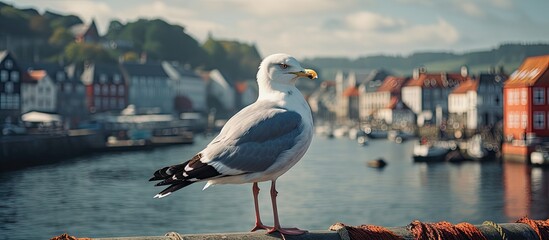 Seagull perches overlooking harbor - obrazy, fototapety, plakaty