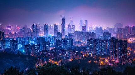 The city comes alive at night with a dazzling display of neon lights illuminating the modern skyline and vibrant urban life. - obrazy, fototapety, plakaty