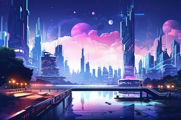 A beautiful futuristic cityscape with a river running through it and a pink sky.