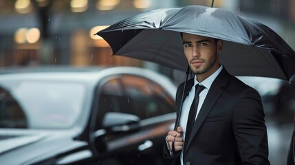 Driver in suit with umbrella with luxury car baclground