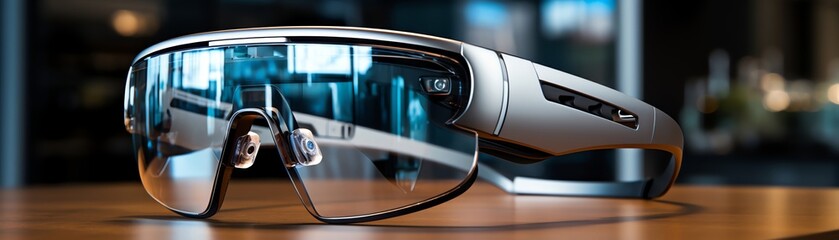 pair of smart glasses, displaying augmented reality, resting on an office desk, mood of futuristic communication, high contrast photography style, avoid showing any screens directly