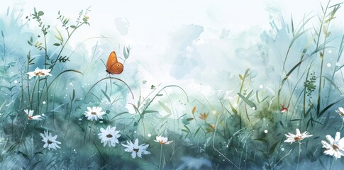 Watercolor background with a meadow, flowers and a butterfly in a blue sky