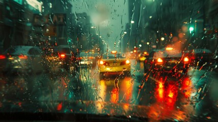 Traffic lights captured through a rainy windshield, adding a cinematic mood to urban driving scenes.