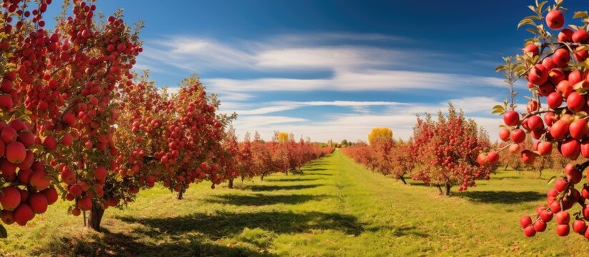 Field of ripe apples with trees in the background