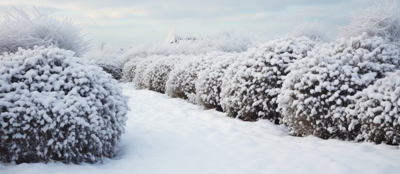 Snowy path lined with bushes