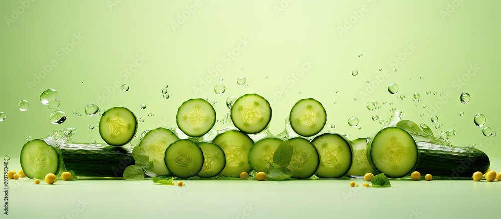 Canvas Prints Sliced cucumbers getting splashed with water