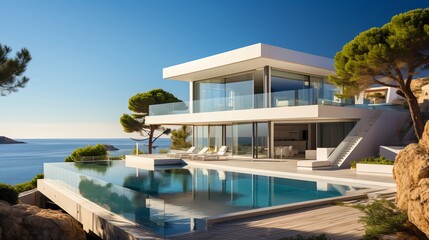 modern villa, with sleek architecture and panoramic sea views, during a summer day, mood of luxury and relaxation, architectural photography style, avoid showing any beach equipment