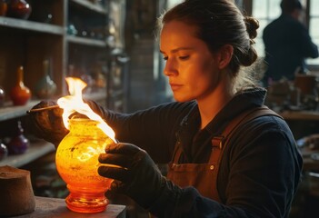 Skilled glassblower forms a vase by fire. Artisan creating unique glass piece with traditional methods.