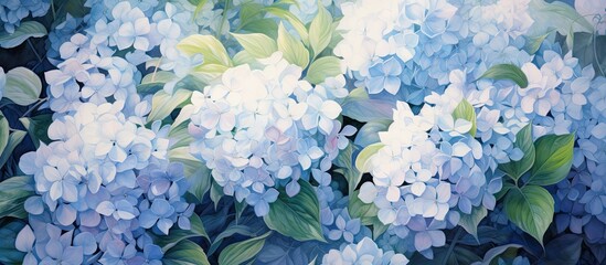 Blue flowers and green leaves painting