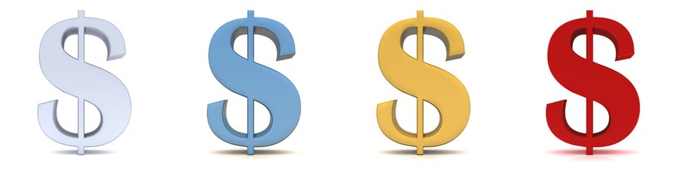 Dollar signs colored red silver gold blue  3d render graphic illustration isolated on white background in high resolution for print and business