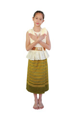 Smiling Asian girl in traditional Thai costume dress with making love gesture on white background. Image with clipping path and full length. - 793795529