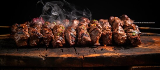 Smoke billowing from grilling meat close-up - obrazy, fototapety, plakaty