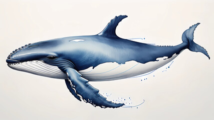 simple sketch of a whale, art murale bleu et blanc, white background