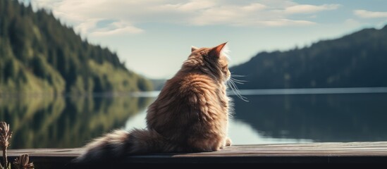 A cat stares into the water from a dock - obrazy, fototapety, plakaty