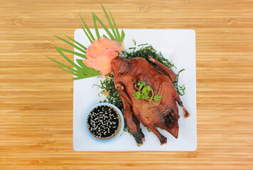 Roast Duck on bamboo wood background. Crispy whole duck, Grilled Peking Duck. View from above. - 793795793