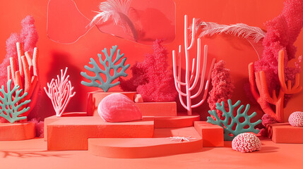 A bright coral backdrop, a playground for artistic innovation."
