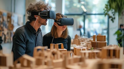 A man and a woman wearing virtual reality headsets look at a model city.