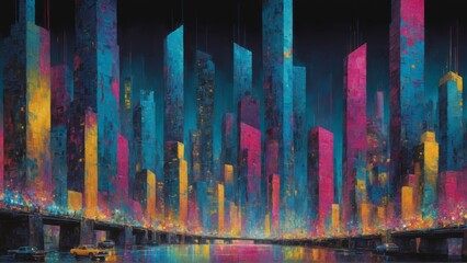 Abstract painting depicting colorful urban nightlife. Streaks of light and tall buildings suggest a cityscape.