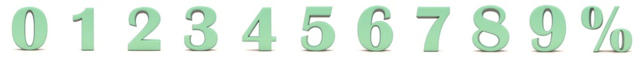 Percentage numbers percent sign green colored with 0 1 2 3 4 5 6 7 8 9 graphic 3d render illustration in high resolution for print and business isolated on white background