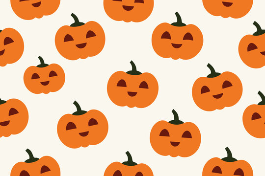 All over Halloween seamless vector repeat pattern with tossed orange and green pumpkin silhouettes on white background. Simple and sophisticated 4 way harvest Thanksgiving backdrop vector design