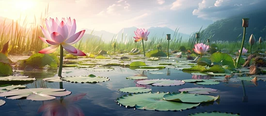 Fotobehang Lotus flowers pond water lilies grass © Ilgun