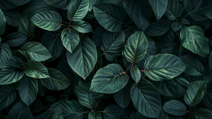 Closeup of green leaves in dark tones as natue background