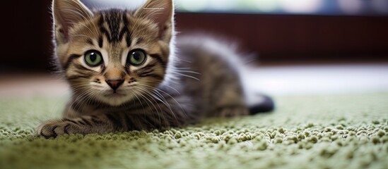 A young calico kitten lying on the ground