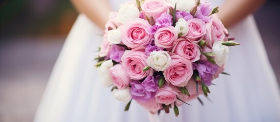 Bride with pink and white rose bouquet