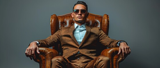 Man in suit and sunglasses sitting in chair