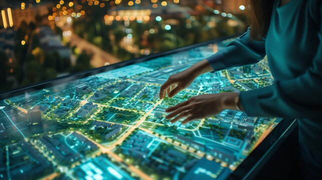 Woman in blue dress uses futuristic touch screen table to view 3D city map