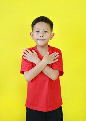 Smiling Asian boy child in red casual crossed arm and looking camera isolated on yellow background. Confident and cheerful kid. - 793797949