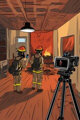 Firefighters using thermal imaging cameras to locate hot spots in a smoky basement