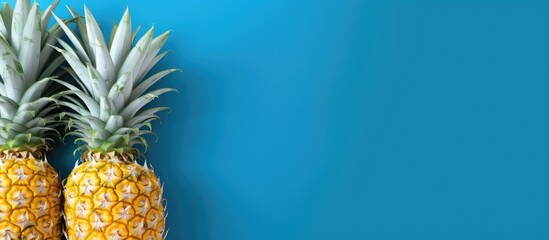 Two pineapples on a blue surface against a blue wall