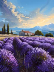 Fotobehang Lavender Field with Charming Farmhouse Nestled in the Distant Horizon © T