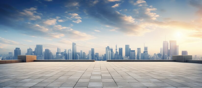 City skyline seen from rooftop against sky