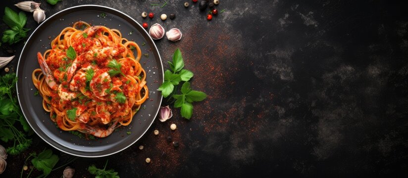 Plate of pasta with meat and vegetables on black surface