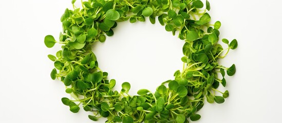 Fresh green sprouts wreath on white background