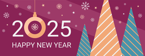 2025 New Year banner, greeting, party invitation, graphic template with flat fir tree, text greeting, stars and snowflakes decorations. Holiday background vector illustration.