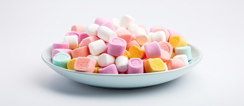 Bowl of fluffy marshmallows on a plain surface