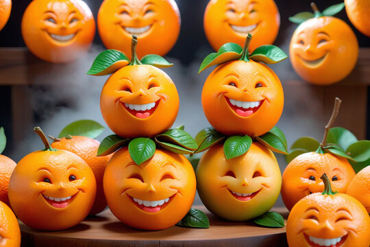 Smiling oranges with green leaves on wooden shelf in the store.
