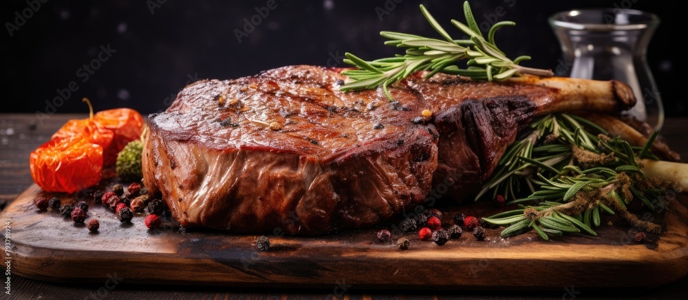 Poster A steak with rosemary and pepper on cutting board