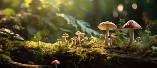 Mushrooms growing on forest log with moss