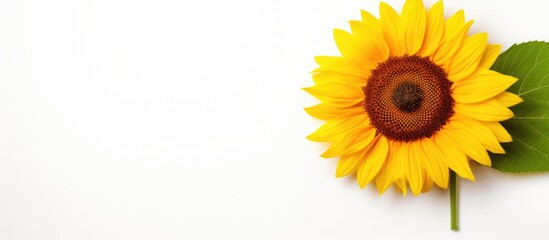 Sunflower with green leaf on white surface